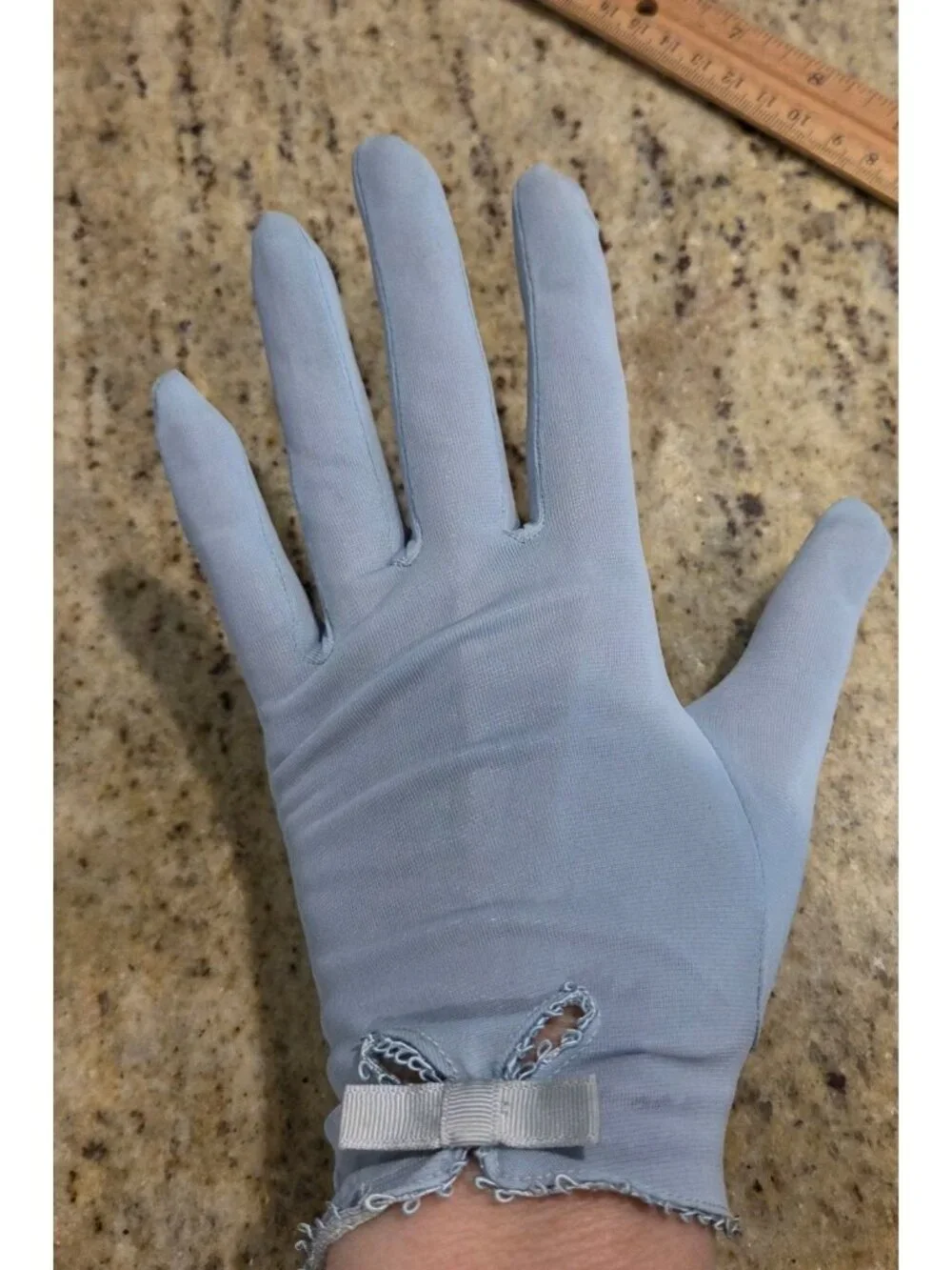 Vintage Womens Size S/M 6.5 Blue Nylon Stretch Formal Gloves Bow Wrist